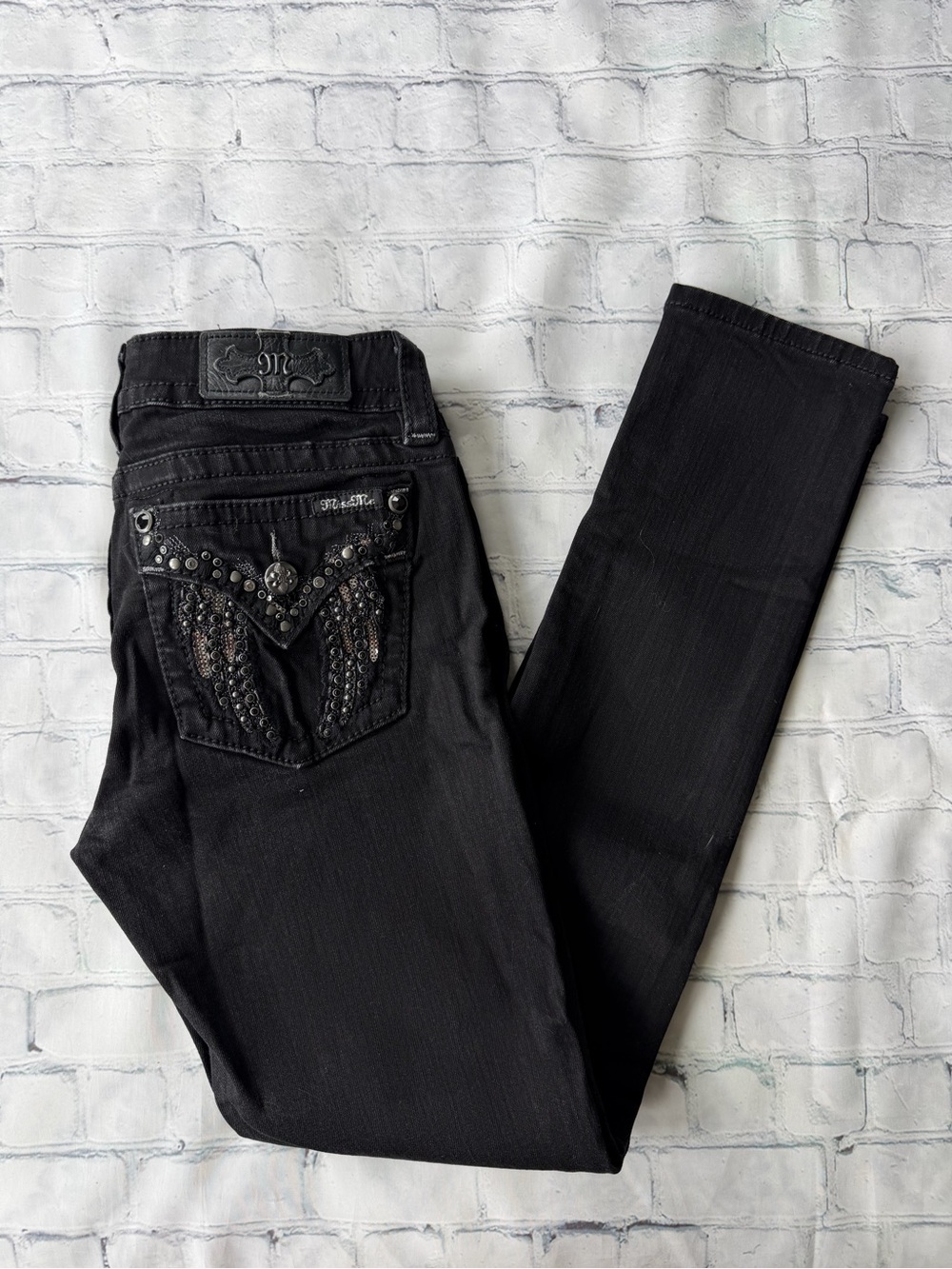✅ Miss Me Black Skinny Jeans with Studded Pockets size 28 - Picture 4 of 15